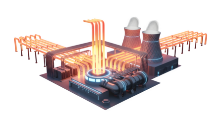 Isometric illustration of a nuclear power plant with glowing pipes and cooling towers isolated on transparent background for clean energy concept
