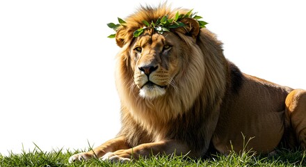 Fototapeta premium Majestic lion wearing a laurel wreath, resting peacefully on green grass.