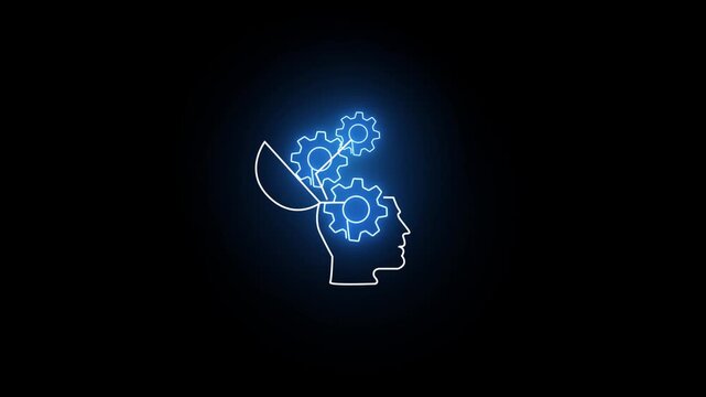 abstract man head and setting icon animation on black background,blue neon human head with gear and chip,neon ai brain interface animation on black background.