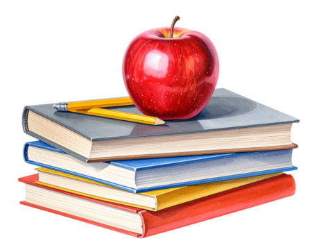 Red Apple on Stack of Books with Pencil, Back to School Illustration, isolated on transparent background PNG