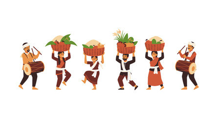 Fototapeta premium Indian People Carrying Baskets of Harvested Goods, Celebrating Together.