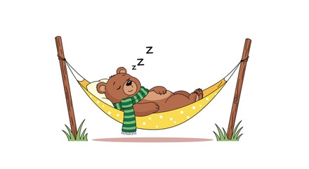 A cute brown bear wearing a green scarf is sleeping peacefully in a yellow hammock hung between two wooden poles on a sunny day