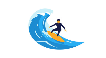 Minimalist flat design illustration of a surfer in a dark wetsuit riding a large, curling blue wave on a yellow surfboard.