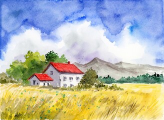 Watercolor landscape with yellow wheat field, green trees and blue skies, and with a village cottage with red roof