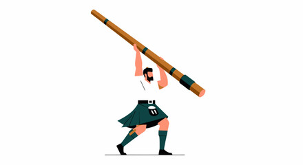 Scottish Man in Kilt Performing Caber Toss at Highland Games Illustration