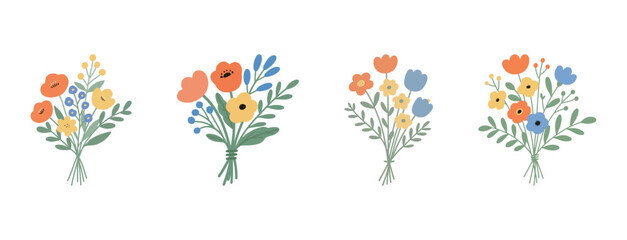 A collection of four colorful and cheerful bouquets of flowers, perfect for springtime, celebration, and floral decoration.