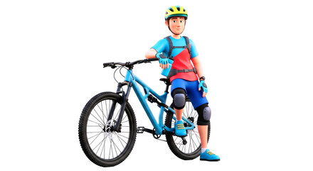 Fototapeta premium cartoon cyclist relaxed mountain biker, postride hydration, 3d render, isolated on transparent background