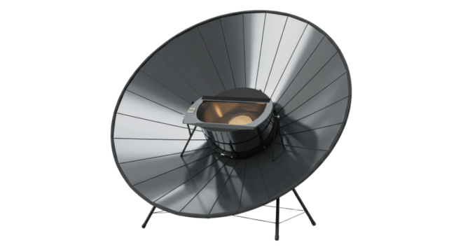 Solar cooker in modern design with reflecting parabolic surface  