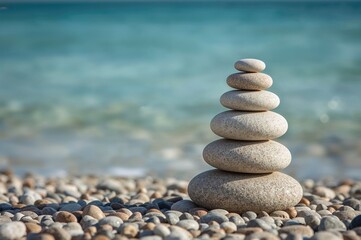 Obraz na płótnie Canvas Detailed view of stones carefully piled in equilibrium against a backdrop of the ocean
