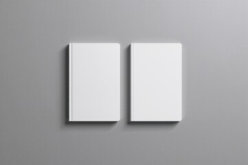Fototapeta premium Overhead shot of two pristine white notebooks on a neutral grey surface for presentation