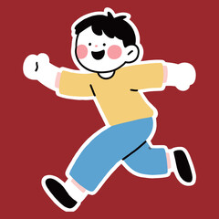 A smiling boy running, with a cheerful expression, wearing a yellow shirt and blue pants against a red background.