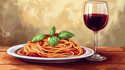 Naklejka premium Delicious Pasta Dish with Fresh Basil and Red Wine on Wooden Table