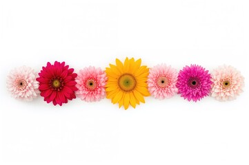 Assorted vibrant flowers arranged in a line on a white background, collection