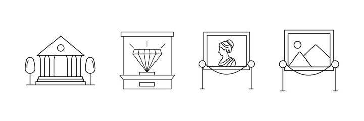Museum gallery, diamond exhibit, portrait art, landscape painting icon vector illustration for historical, cultural, antique, fine arts collection.