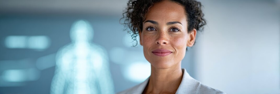Female medical professional examining holographic human anatomy projection, utilizing advanced ai technology within sleek hospital environment, showcasing cutting edge medical innovation