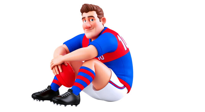 3d cartoon aussie rules football player contemplative pose, relaxed athlete animation, isolated on transparent background