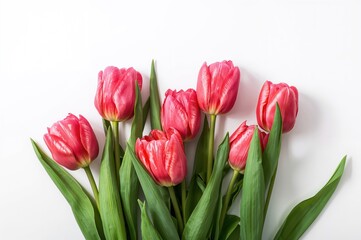 Fototapeta premium Vibrant pink salmon parrot tulips arranged on a white surface with space for text, ideal for festive cards, decorations, or wallpapers