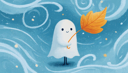 Whimsical Ghost Illustration with Autumn Leaf Umbrella Against a Blue Swirling Sky Background Perfect for Halloween