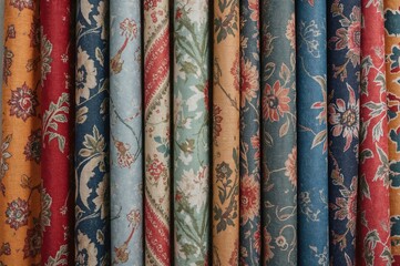 Vibrant fabric swatches display. Textile pattern backdrop. Collection of fabric colors.