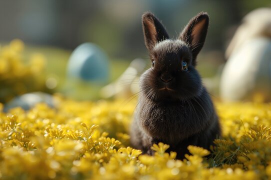 Adorable dark rabbit amid golden foliage