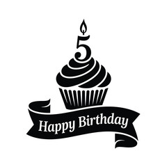 Happy birthday cupcake with number five candle and ribbon