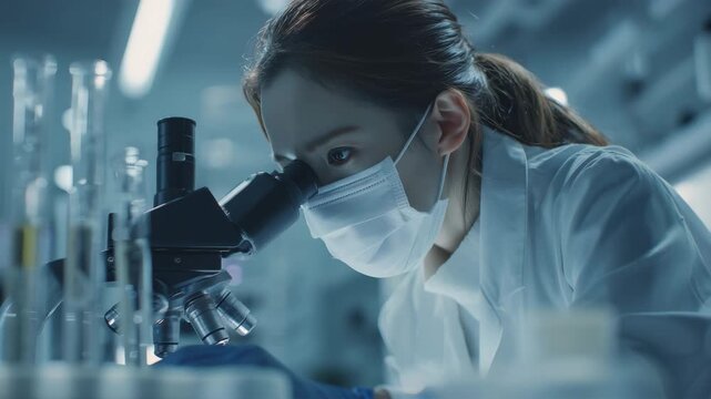 クリーンルームで日本人女性が観察する様子