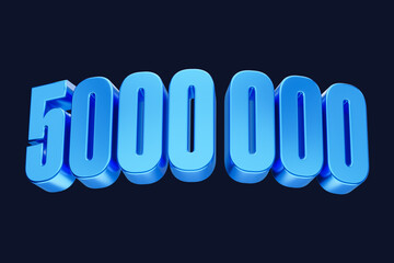 Blue metallic number. five million Bright blue 3D Render. Isolated on black background.