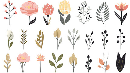 Obraz premium Collection of various floral elements with leaves and blossoms minimal botanical illustration isolated on white background