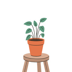 Simple cartoon illustration of a potted houseplant with green leaves on a small wooden stool, minimalist style for home and interior design