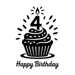Happy birthday cupcake with number four candle and sparkles