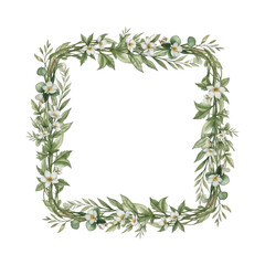 Square floral frame with white blossoms and green leaves isolated on transparent background