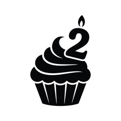 Black and white illustration of a cupcake with a number two candle