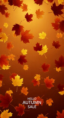 Falling orange and yellow maple leaves on brown background, creating an autumnal scene, ideal for seasonal sale advertisement or fall-themed design