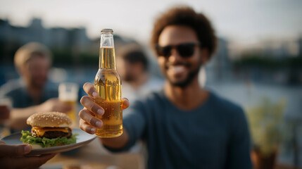 Rooftop Barbecue Cheers: Friends in summer attire toasting after a barbecue with a burger plate a beer bottle and a city skyline at sunset. high quality photo ultra high detail