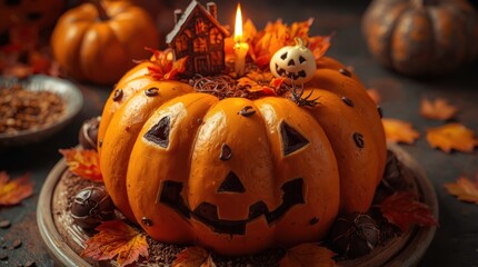 A festive Halloween-themed cake shaped like a pumpkin, adorned with autumn leaves and a spooky house