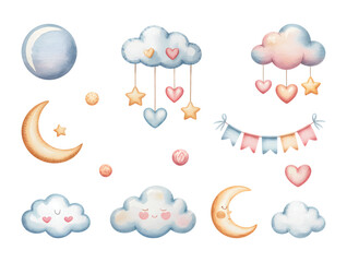 Dreamy watercolor moon and cloud clipart for children.
