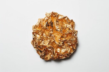 Top perspective of crinkled golden aluminum foil on a white surface