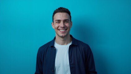 Smiling Young Man in Casual Outfit Against Blue Background