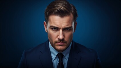 Serious Businessman in Suit with Intense Expression on Dark Blue Background
