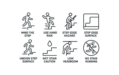 simple outline stroke icon 8 different mind the step stair fall risk use handrail step edge hazard step surface wet stair caution low headroom warning no stair running isolated on white