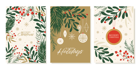 Christmas Cards Decorated With Pine, Rowan, Thuja Branches and Christmas Tree Toys