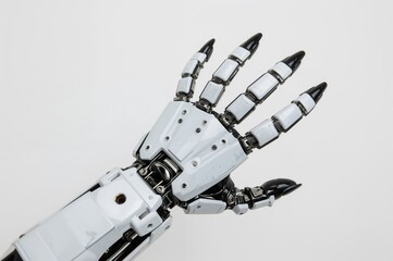 Wearable robotic hand claw with mechanical gripping fingers for costume and body gear, isolated on white background with space for graphics