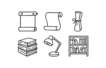 hand drawn cute doodle style line isolated on white background fastening strip scroll parchment curl string bind book stack desk lamp library rack