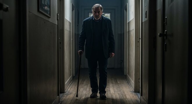 Man walking with cane in dim hallway with limp and worn floors in documentary realism atmosphere - Powered by Adobe