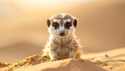 Adorable meerkat, AIzaSyBuSysZMM0Ghi_0oFmr1OmbUEuZk__VpvU, alert on golden desert sand, captured with bright, curious eyes in its wild habitat