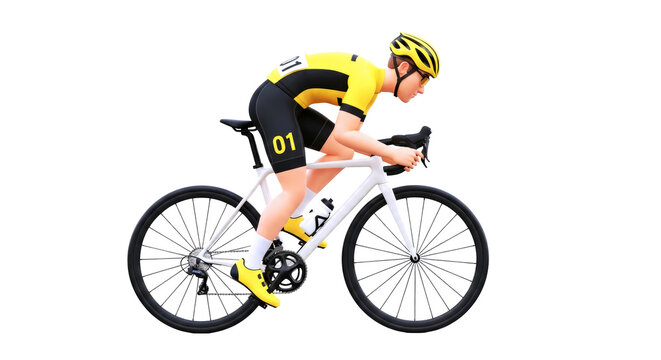 3d cartoon cyclist intense race, speed and determination, yellow jersey, winning spirit, isolated on transparent background