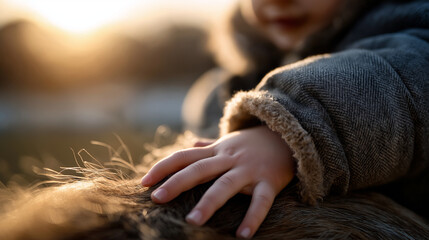 Child with light skin touching horse mane outdoors small hands gently resting on animal wearing warm coat showing close interaction between young child and horse child horse