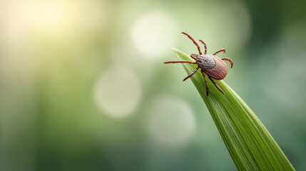 Dangerous tick is waiting on a blade of grass in a natural environment with a blurred background, representing the risk of lyme disease and other tick borne illnesses
