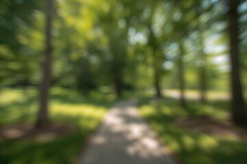 Blurred perspective of a bright outdoor area featuring indistinct trees, a walkway, and lush vegetation