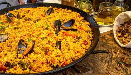 Colorful seafood paella served in traditional large pan